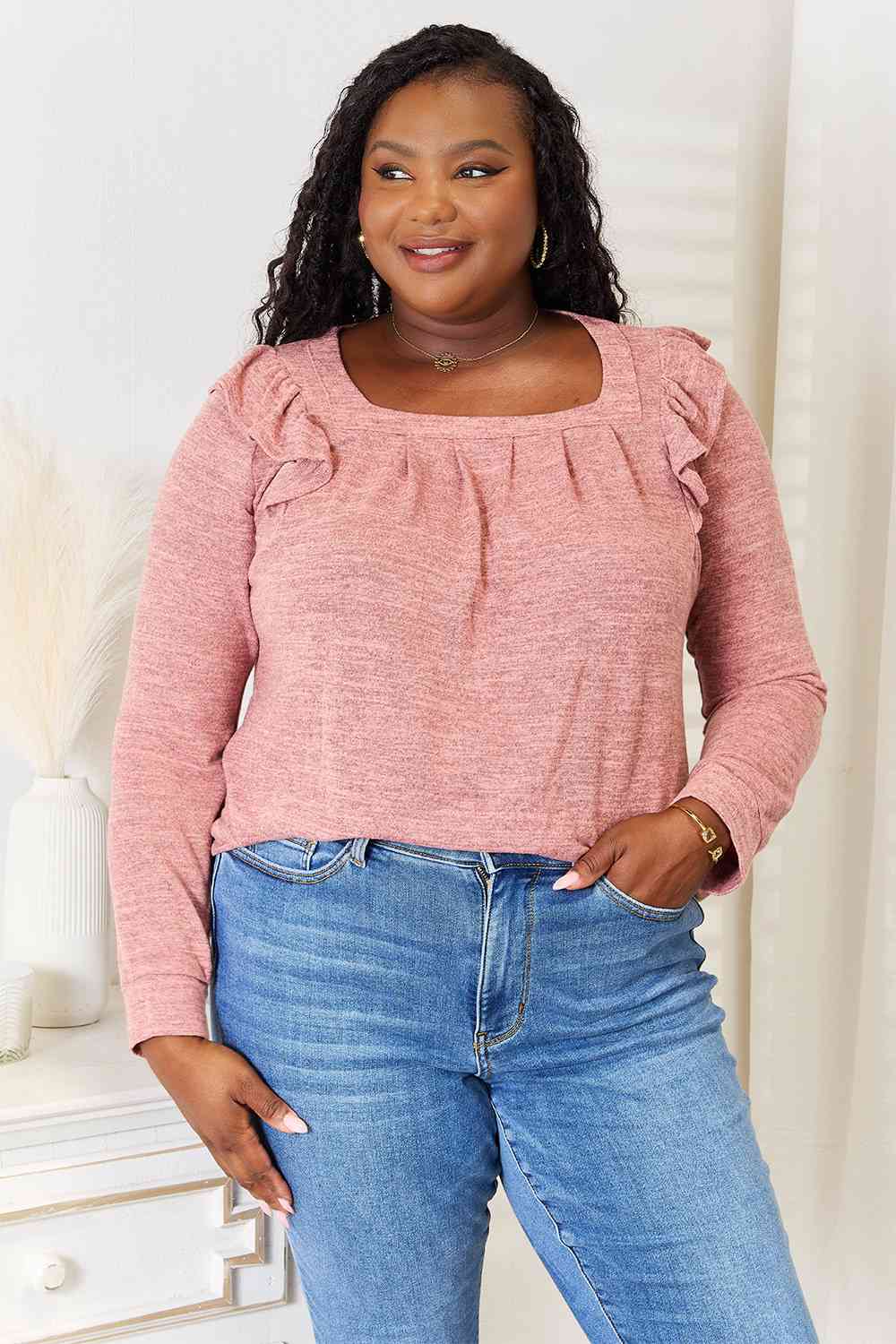 Trendy Plus Size Square-Neck Long-Sleeve Top
